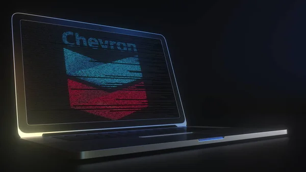 CHEVRON logosuna sahip taşınabilir bilgisayar kod dizgileri, editoryal kavramsal 3d oluşturma — Stok fotoğraf