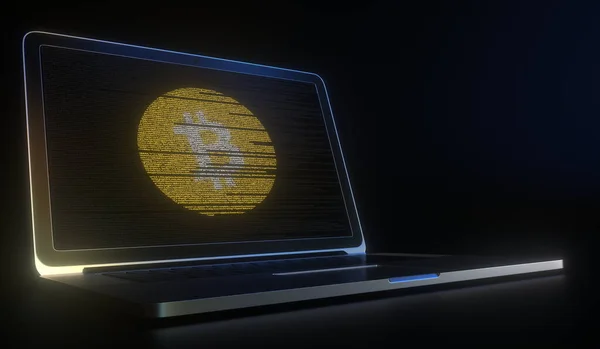 Logo gotówki Bitcoin wykonane z kodu komputerowego na ekranie laptopa. Eksploatacja kryptowaluta lub transakcje związane z renderowaniem 3d — Zdjęcie stockowe