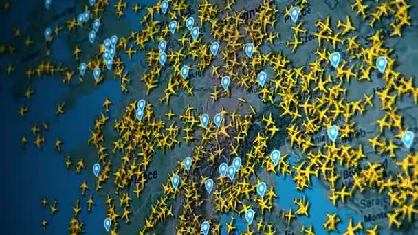 Αεροπορική κυκλοφορία πάνω από το χάρτη της Ευρώπης — Αρχείο Βίντεο