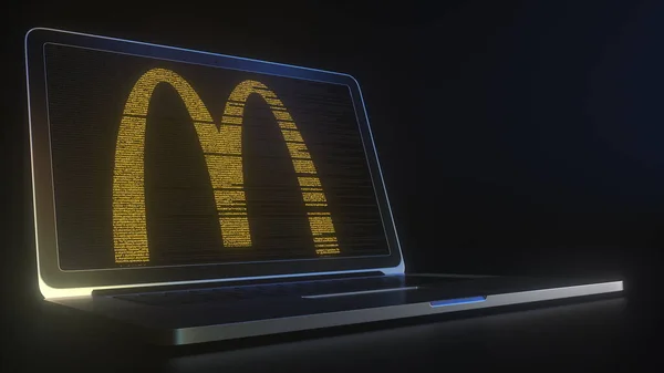 Logotipo de MCDONALDS hecho con código de computadora en la pantalla del portátil. Editorial conceptual 3d rendering —  Fotos de Stock