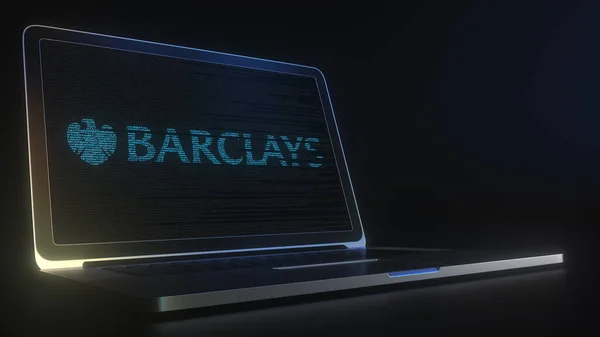 Computador portátil com o logotipo de BARCLAYS feito com cordas de código, editorial conceitual 3d renderização — Fotografia de Stock