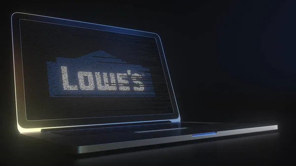 LOWES logosuna sahip taşınabilir bilgisayar kod dizgileri, editoryal kavramsal 3d oluşturma — Stok fotoğraf