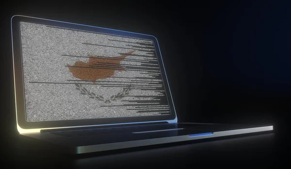 Laptop ekranında bilgisayar koduyla yapılmış Kıbrıs bayrağı. Hackleme ya da siber güvenlikle ilgili 3D oluşturma — Stok fotoğraf