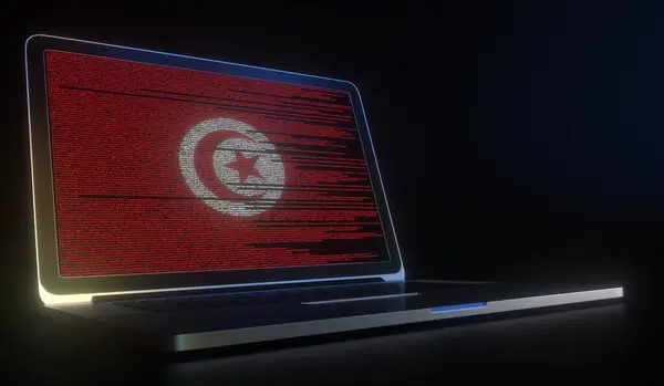 Tunus bayrağı ekranında dizüstü bilgisayar ve kaynak kodu var. 3D görüntüleme ile ilgili ulusal bilgi teknolojisi — Stok fotoğraf