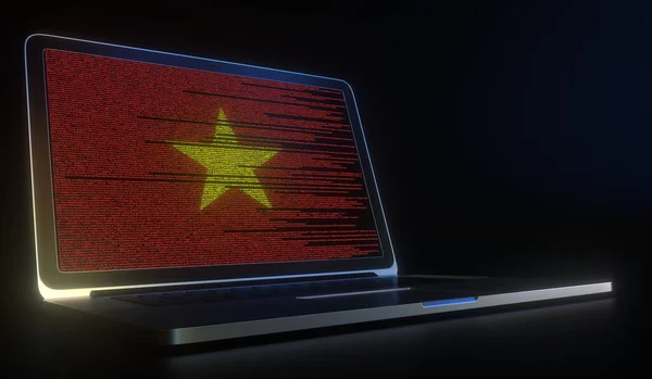 Laptop und Quellcode auf dem Bildschirm, der die Flagge Vietnams komponiert. Nationale Informationstechnologie bezogene 3D-Darstellung — Stockfoto