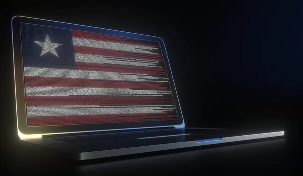 Abra el ordenador portátil y el código del ordenador en la pantalla que compone la bandera de Liberia. Moderna tecnología de la información relacionada 3d rendering — Foto de Stock