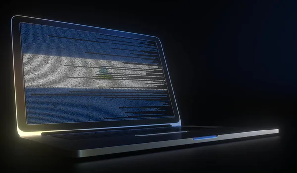Σημαία Νικαράγουας με κωδικό υπολογιστή στην οθόνη του φορητού υπολογιστή. Hacking ή κυβερνοασφάλεια που σχετίζονται 3d απόδοση — Φωτογραφία Αρχείου