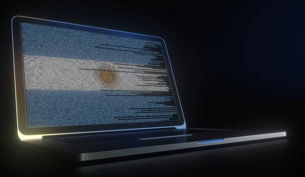 Laptop en broncode op het scherm waaruit de vlag van Argentinië is samengesteld. Nationale informatie technologie gerelateerd 3d rendering — Stockfoto