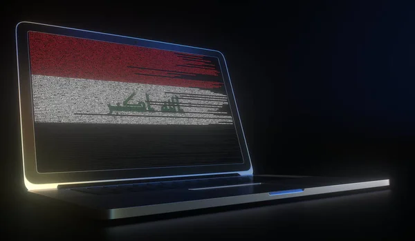 Ανοίξτε τον φορητό υπολογιστή και τον κώδικα υπολογιστών στην οθόνη που συνθέτει τη σημαία του Ιράκ. Σύγχρονη τεχνολογία των πληροφοριών 3d απόδοση — Φωτογραφία Αρχείου