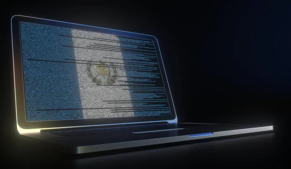 Guatemala bayrağı oluşturan ekranda laptop ve bilgisayar kodunu aç. 3D görüntüleme ile ilgili modern bilgi teknolojisi — Stok fotoğraf