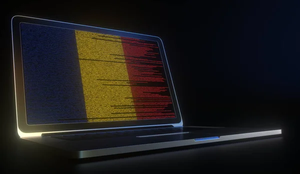 Romanya bayrağı laptop ekranında bilgisayar koduyla yapıldı. Hackleme ya da siber güvenlikle ilgili 3D oluşturma — Stok fotoğraf