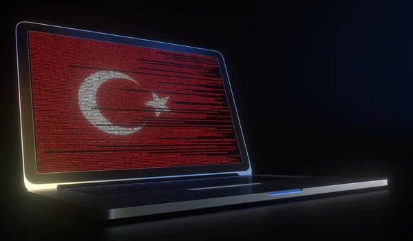 Flagge der Türkei mit Computercode auf dem Laptop-Bildschirm. Hacking oder cybersecurity related 3D rendering — Stockfoto