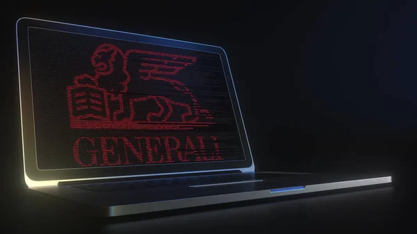 Computerscherm met het logo van GENERALI gemaakt met broncode. Redactionele conceptuele 3d-weergave — Stockfoto