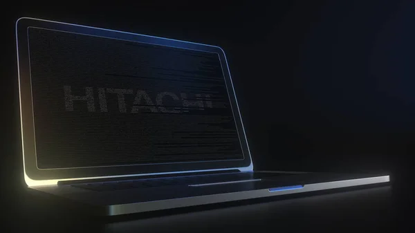 Ekran komputera z logo HITACHI wykonane z kodem źródłowym. Redakcja konceptualna 3d renderowania — Zdjęcie stockowe