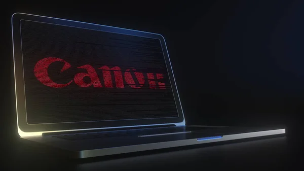 Computer screen with the logo of CANON made with source code. Editorial conceptual 3d rendering — Stock Photo, Image