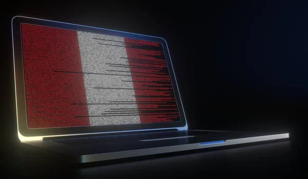 Ανοίξτε το laptop και τον κώδικα υπολογιστών στην οθόνη που συνθέτουν τη σημαία του Περού. Σύγχρονη τεχνολογία των πληροφοριών 3d απόδοση — Φωτογραφία Αρχείου