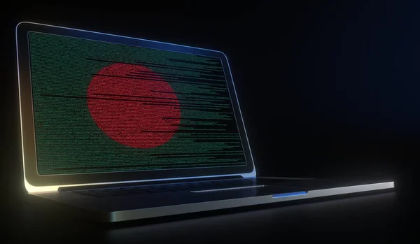 Bandeira de Bangladesh feita com código de computador na tela do laptop. Hacking ou cibersegurança relacionados com a renderização 3d — Fotografia de Stock