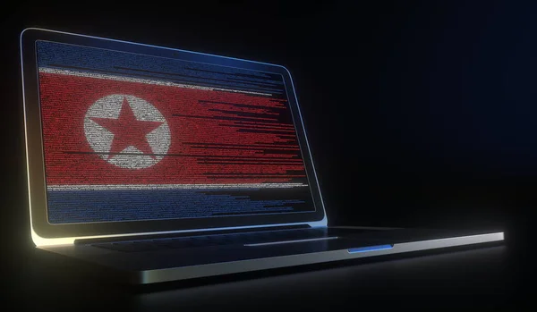 Bandeira da Coreia do Norte feita com código de computador na tela do laptop. Hacking ou cibersegurança relacionados com a renderização 3d — Fotografia de Stock