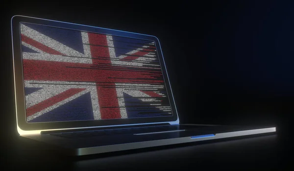 英国の国旗を構成する画面上のノートパソコンとソースコード。国家情報技術関連の3Dレンダリング — ストック写真