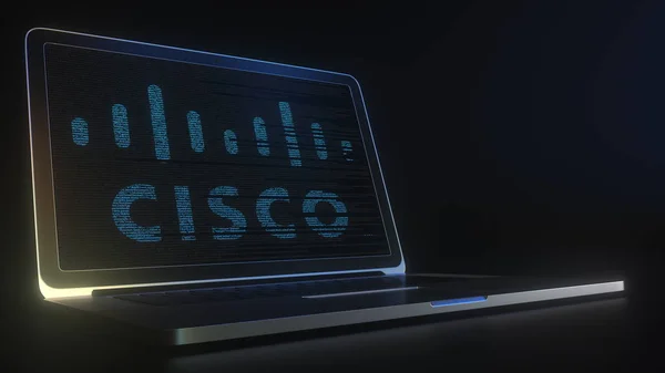 Pantalla de ordenador con el logotipo de CISCO hecho con código fuente. Editorial conceptual 3d rendering — Foto de Stock