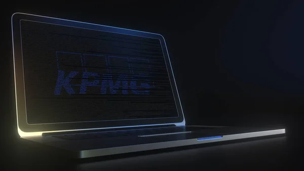 Логотип KPMG сделан с компьютерным кодом на экране ноутбука. Редакционная концептуальная 3D рендеринг — стоковое фото