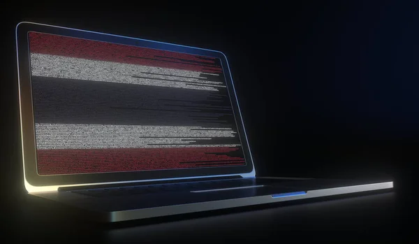 Bandeira da Tailândia feita com código de computador na tela do laptop. Hacking ou cibersegurança relacionados com a renderização 3d — Fotografia de Stock
