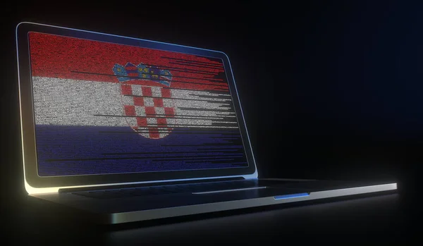 Ordenador portátil y código fuente en la pantalla que compone la bandera de Croacia. Visualización 3D relacionada con la tecnología de la información nacional — Foto de Stock