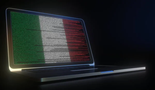 Apri laptop e codice computer sullo schermo che compone bandiera d'Italia. Moderna tecnologia dell'informazione relativa rendering 3d — Foto Stock