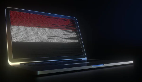 Laptop e código fonte na tela que compõe a bandeira do Iêmen. Renderização 3d relacionada com a tecnologia da informação nacional — Fotografia de Stock