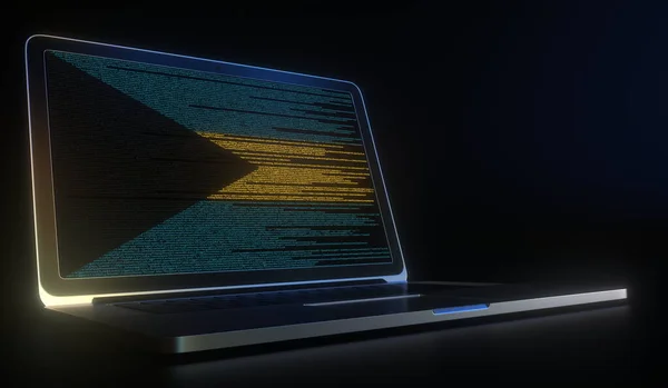 Flaga Bahamów wykonana z kodu komputerowego na ekranie laptopa. Hacking lub cyberbezpieczeństwo związane z renderowaniem 3d — Zdjęcie stockowe