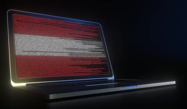 Bandeira da Áustria feita com código de computador na tela do laptop. Hacking ou cibersegurança relacionados com a renderização 3d — Fotografia de Stock