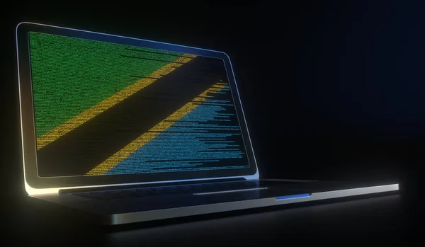 Bendera Tanzania dibuat dengan kode komputer pada layar laptop. Hacking atau cybersecurity related 3d rendering — Stok Foto