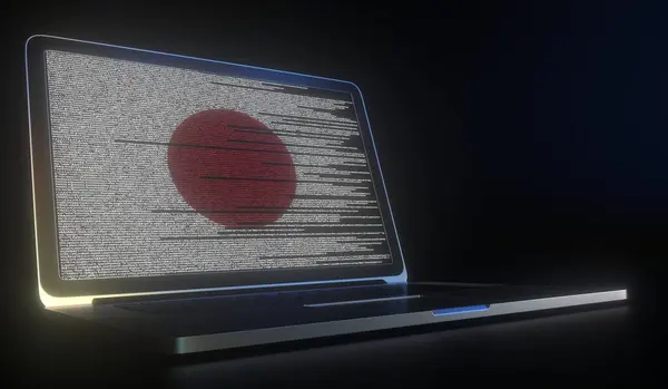 Ανοίξτε το lap-top και τον κώδικα υπολογιστών στην οθόνη που συνθέτουν τη σημαία της Ιαπωνίας. Σύγχρονη τεχνολογία των πληροφοριών 3d απόδοση — Φωτογραφία Αρχείου
