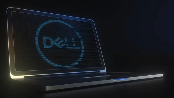 Логотип DELL зроблений з комп'ютерним кодом на екрані ноутбука. Концепт редакції 3d рендеринг — стокове фото