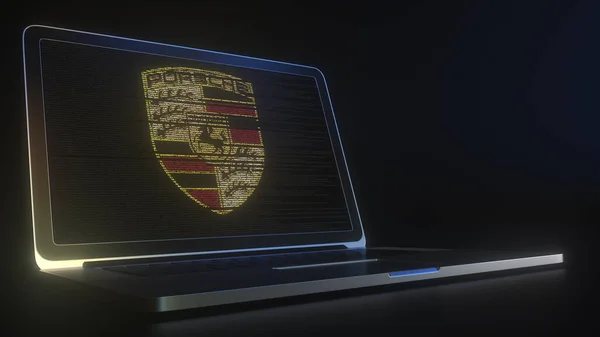 PORSCHE logo gemaakt met computercode op het laptopscherm. Redactionele conceptuele 3d-weergave — Stockfoto