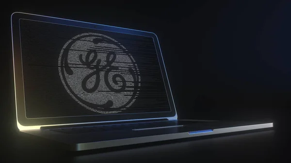 GENERAL ELECTRIC logo made with computer code on the ноутбук screen. Редакционная концептуальная 3D рендеринг — стоковое фото