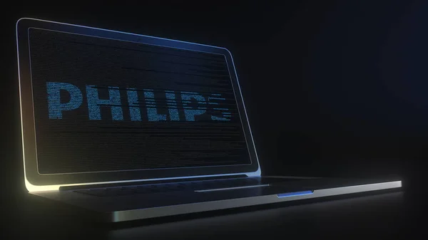 Logo de PHILIPS hecho con código de computadora en la pantalla del portátil. Editorial conceptual 3d rendering — Foto de Stock