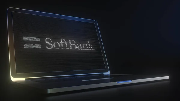 SOFT BANK 로고가 달린 컴퓨터 스크린은 소스 코드로 만들어 졌다. 개념적 인 3D 렌더링 — 스톡 사진