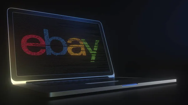 Computador portátil com o logotipo do EBAY feito com cordas de código, editorial conceitual 3d renderização — Fotografia de Stock