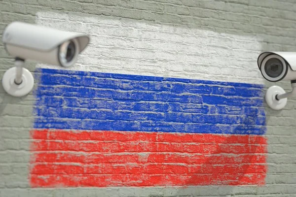 ロシアとCCTVカメラの国旗の壁。プライバシーまたは監視システム関連の概念3Dレンダリング — ストック写真