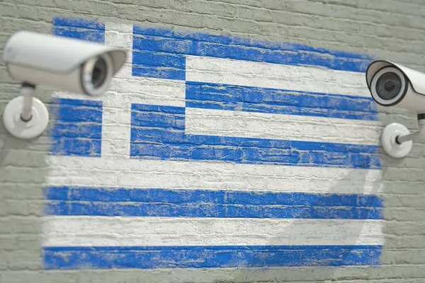 监视摄像头和挂满希腊国旗的墙现代安全相关3D渲染 — 图库照片