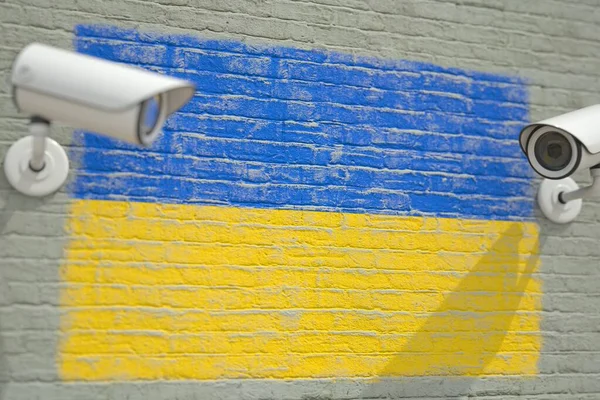 ウクライナとCCTVカメラの国旗の壁。プライバシーまたは監視システム関連の概念3Dレンダリング — ストック写真