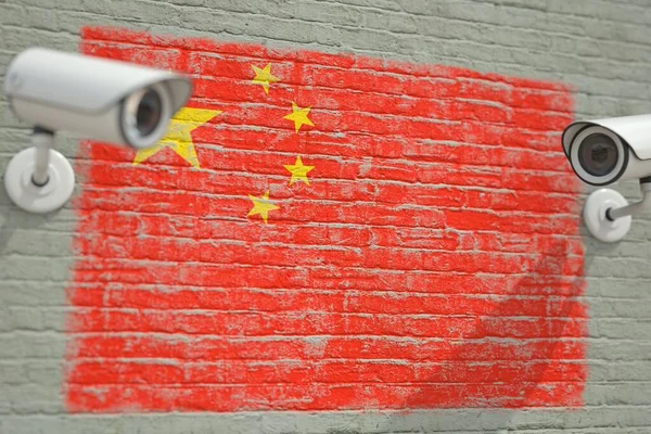 감시 카메라와 중국 국기가 달린 벽. 현대 보안 관련 3D 렌더링 — 스톡 사진