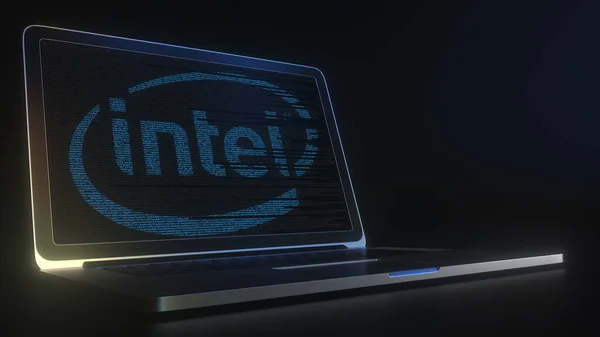 Логотип INTEL сделан с компьютерным кодом на экране ноутбука. Редакционная концептуальная 3D рендеринг — стоковое фото