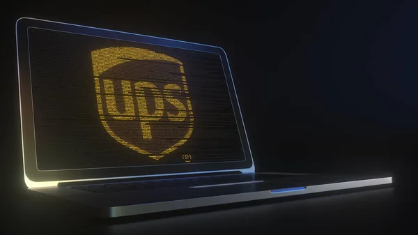 UPS logo gemaakt met computercode op het laptopscherm. Redactionele conceptuele 3d-weergave — Stockfoto