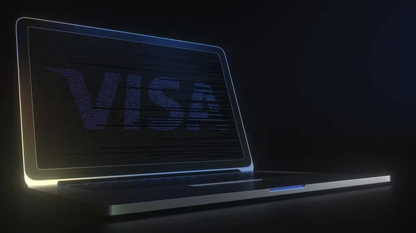 VISA 의 로고와 소스 코드로 만든 컴퓨터 스크린. 개념적 인 3D 렌더링 — 스톡 사진