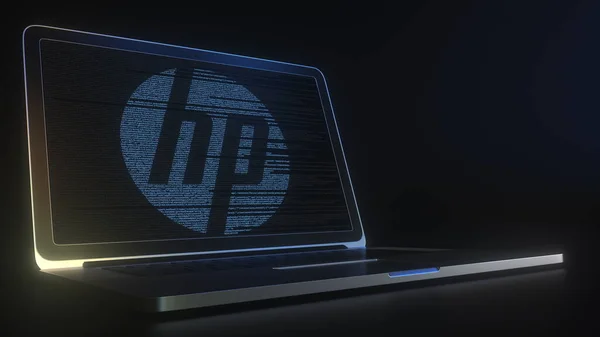 Компьютерный экран с логотипом HP, сделанный с исходным кодом. Редакционная концептуальная 3D рендеринг — стоковое фото