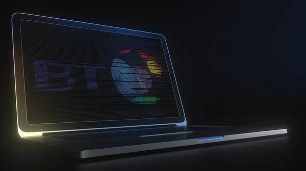 Draagbare computer met het logo van BT GROUP gemaakt met code strings, redactionele conceptuele 3d rendering — Stockfoto