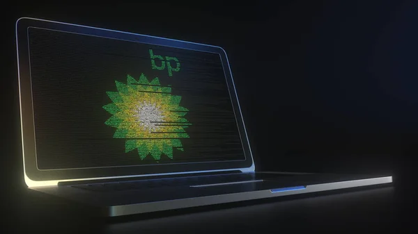 Φορητός υπολογιστής με το λογότυπο της BP γίνεται με συμβολοσειρές κώδικα, editorial concept 3d — Φωτογραφία Αρχείου