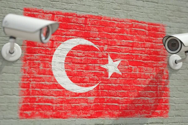 Parede com bandeira nacional da Turquia e câmeras de CCTV. Privacidade ou sistema de vigilância relacionados renderização 3D conceitual — Fotografia de Stock